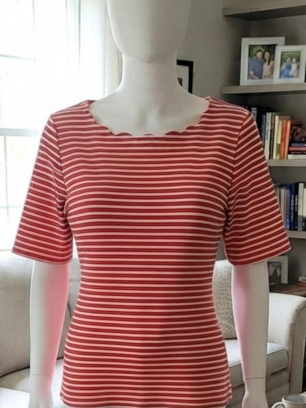 Talbots striped Coral And White Scalloped neck top